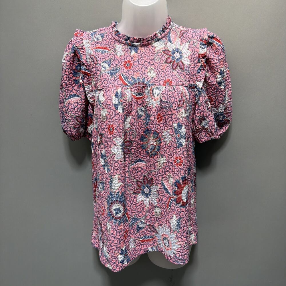 Loft Pink blouse XS texture Womens Puff Sleeve boho floral